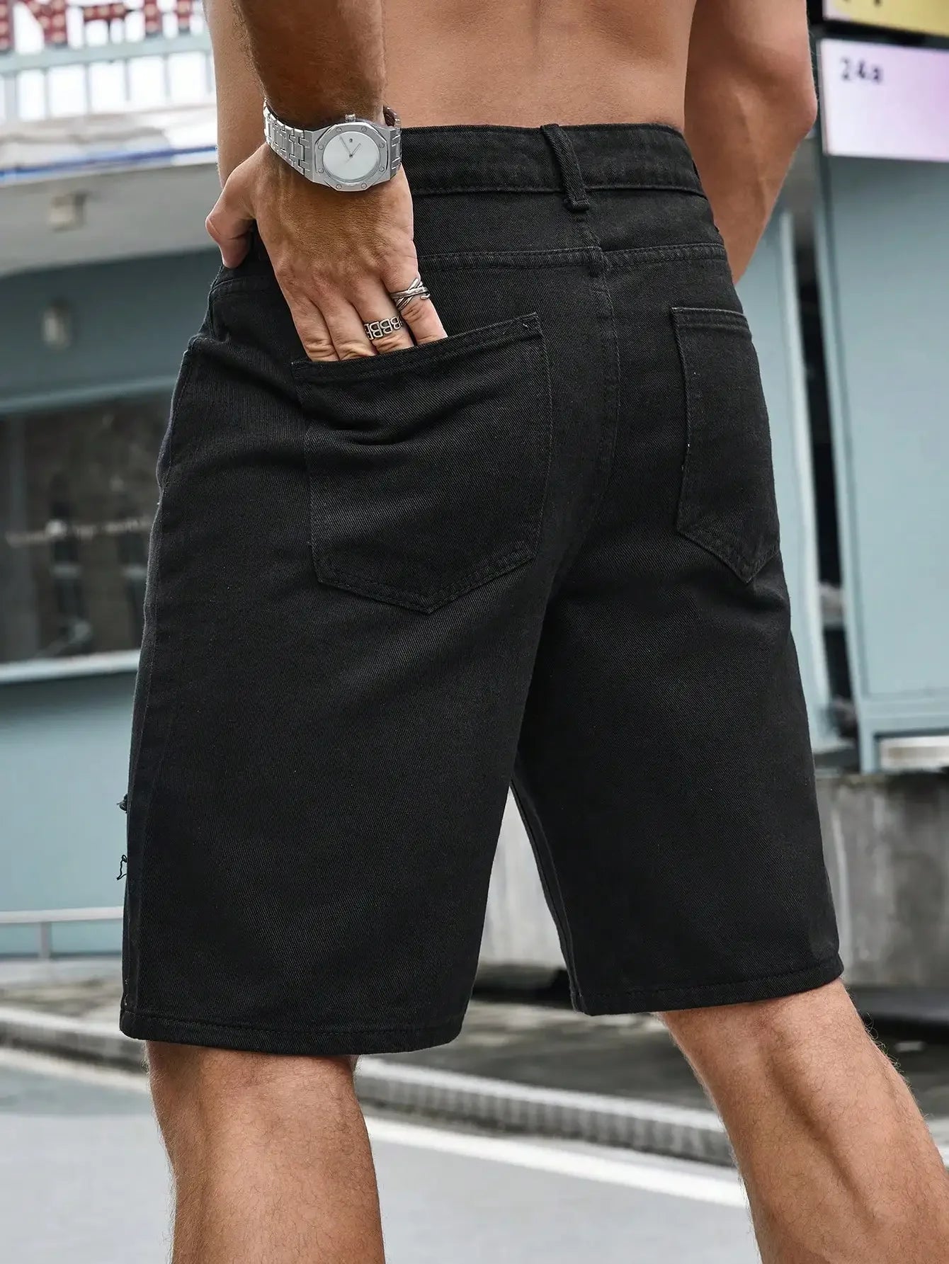 Men's Denim Baggy Shorts Distressed Knee Length Jorts