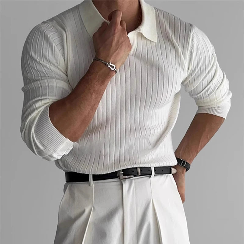 Men's Fashion Luxury V-neck Knitted Jacquard Polo Shirt Long-Sleeved