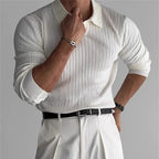 Men's Fashion Luxury V-neck Knitted Jacquard Polo Shirt Long-Sleeved