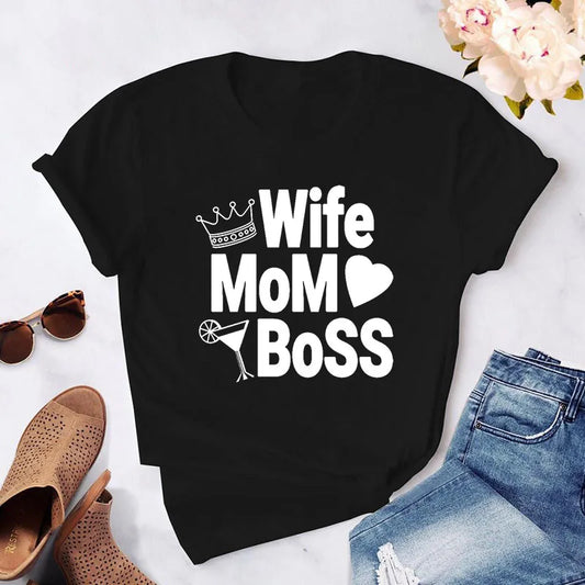 "Wife Mom Boss" Women's T-shirt Printed Letters Funny Top Mothers