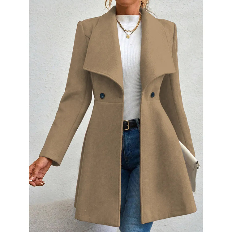 Double Breasted Coat French Lapels Button Up Mid Length Overcoat Cinched Waist-Keep Melbourne Marvellous Official Store