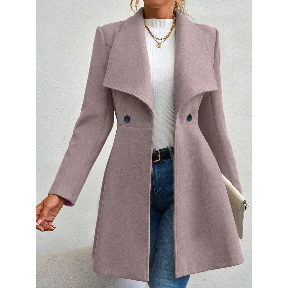 Double Breasted Coat French Lapels Button Up Mid Length Overcoat Cinched Waist-Keep Melbourne Marvellous Official Store