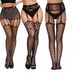3 Pcs Fishnet Pantyhose Sexy Thigh-High Lingerie Stockings With Garter Belt