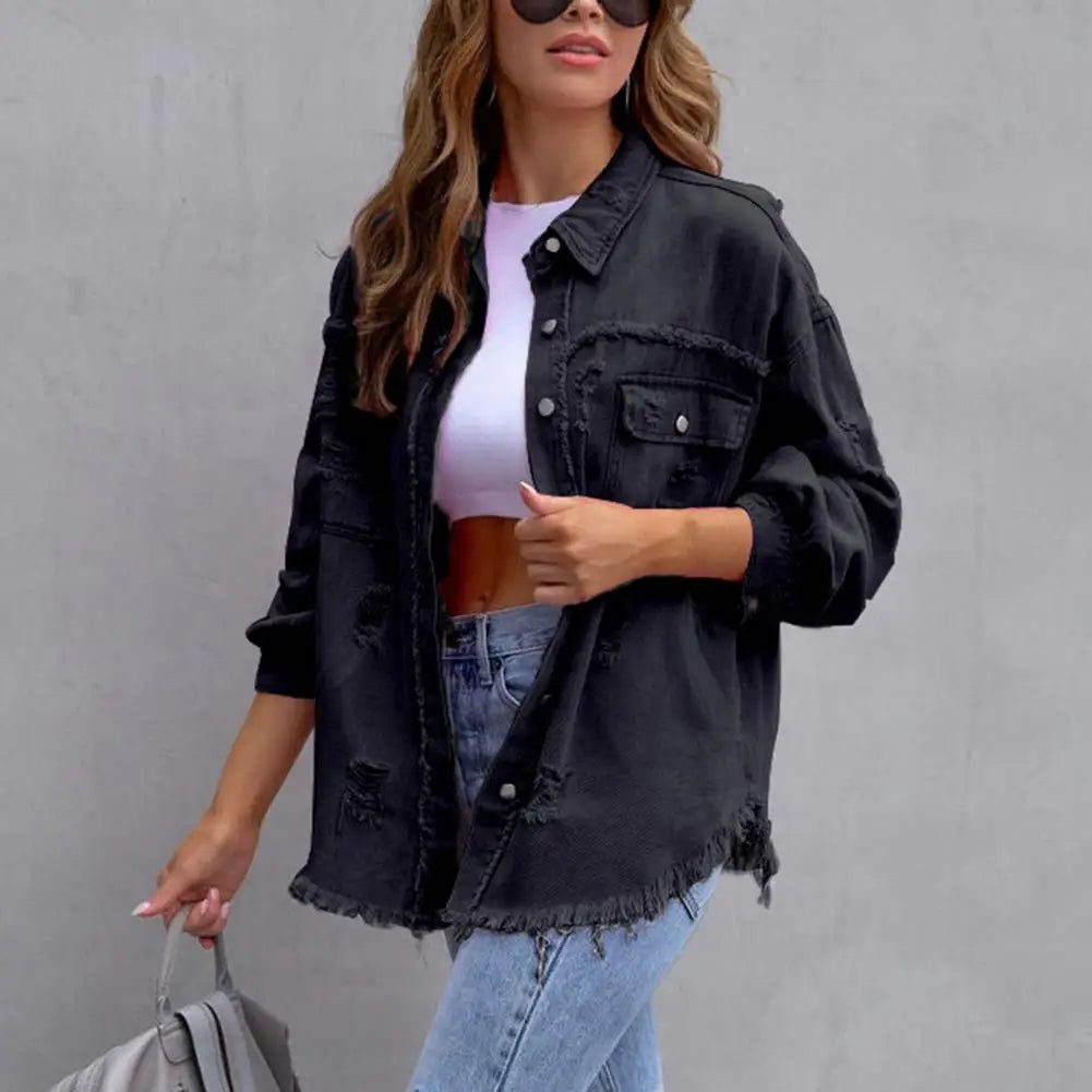 Denim Jeans Jacket Frayed Hem Ripped Distressed Look Mid-Length Vintage Style