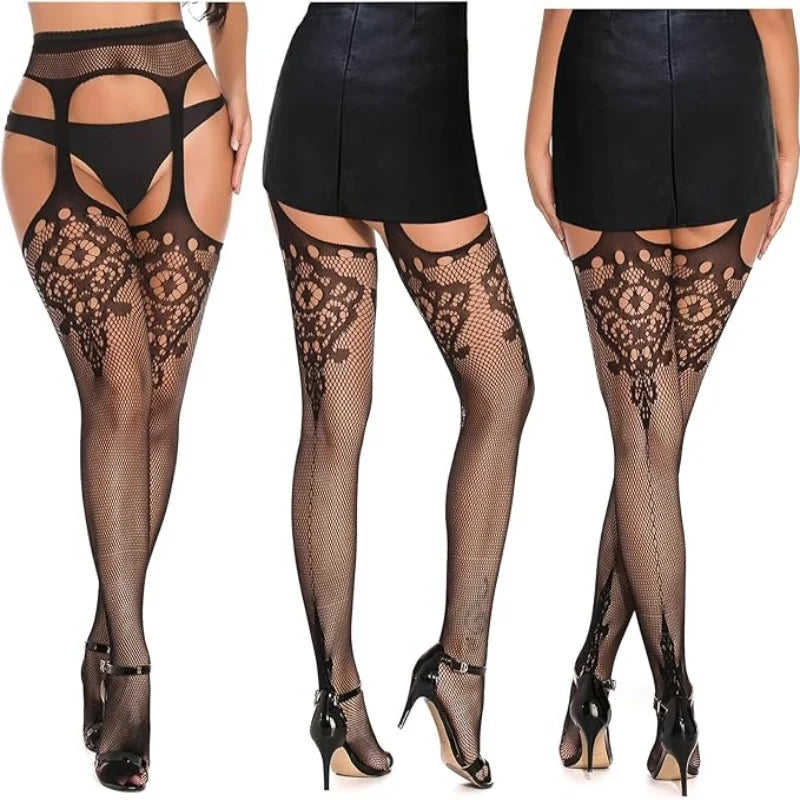 3 Pcs Fishnet Pantyhose Sexy Thigh-High Lingerie Stockings With Garter Belt