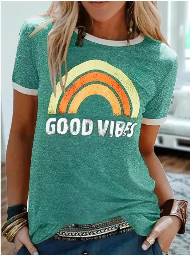 "Good Vibes" Groovy T-shirt Trendy Rainbow Tee Summer Positivity Women's Motivational Top