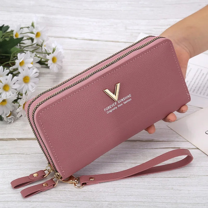 Double Zipper Purse Wallet Long Women's Clutch Wrist Bag