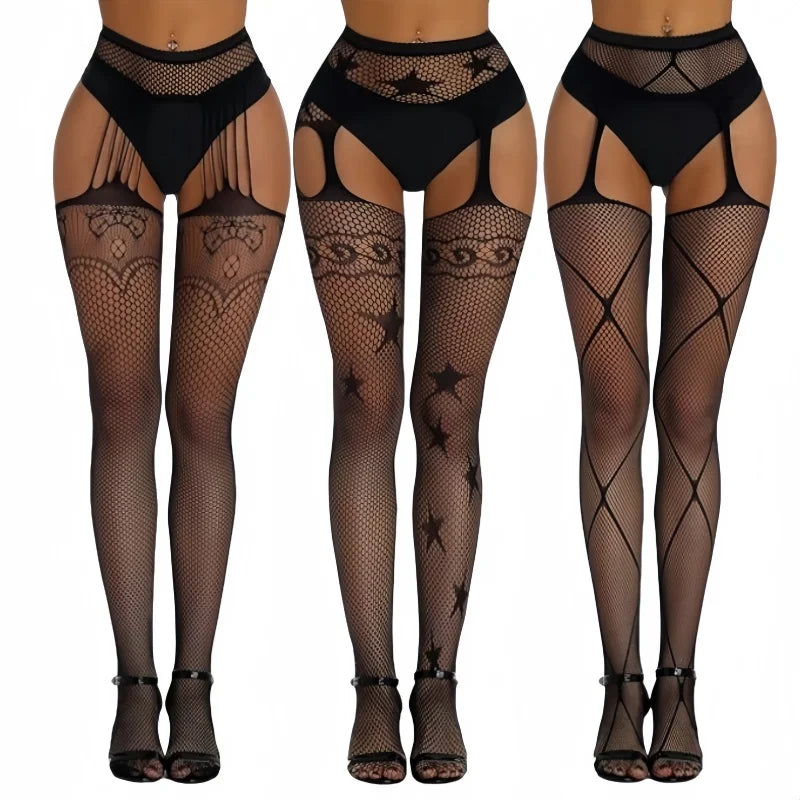 3 Pcs Fishnet Pantyhose Sexy Thigh-High Lingerie Stockings With Garter Belt