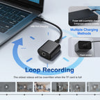 A black USB loop recorder adapter shown plugged into a laptop, with callout graphics explaining USB port charging, multiple charging methods, and loop recording. The image includes feature callouts and small video thumbnail previews along the bottom.
