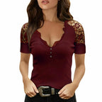 Lace Short Sleeve Blouse V-Neck Top Office Wear - Plus Sizes Women's