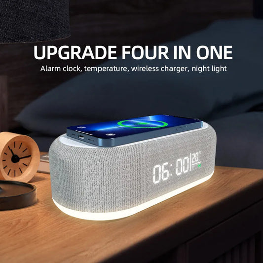 4-in-1 Wireless Phone Fast Charger Alarm Clock LED Light Temperature 15W Charging Dock Station