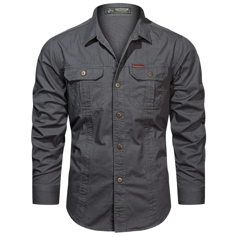 Cargo Shirt Long-Sleeve Cotton Full-Button Shirt With Breast Pockets