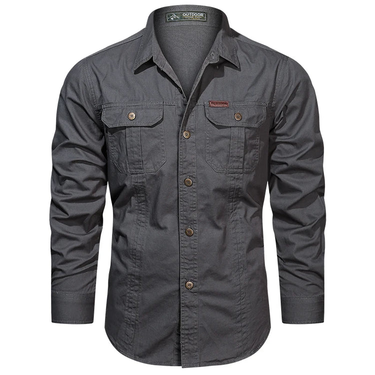 Cargo Shirt Long-Sleeve Cotton Full-Button Shirt With Breast Pockets