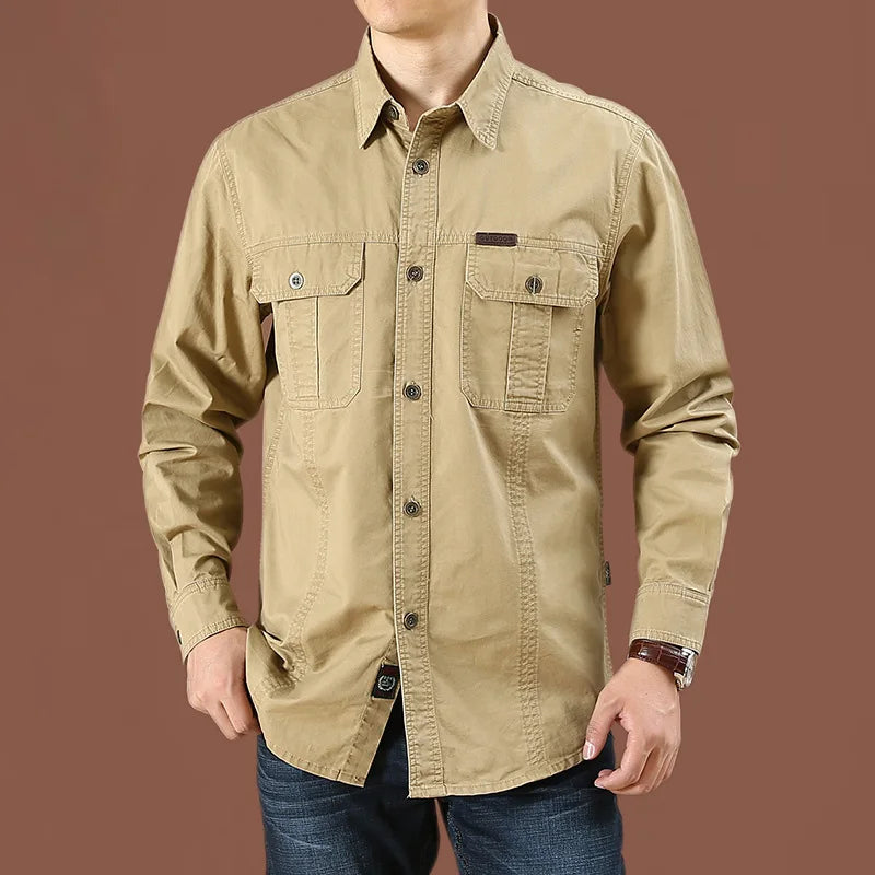 Cargo Shirt Long-Sleeve Cotton Full-Button Shirt With Breast Pockets