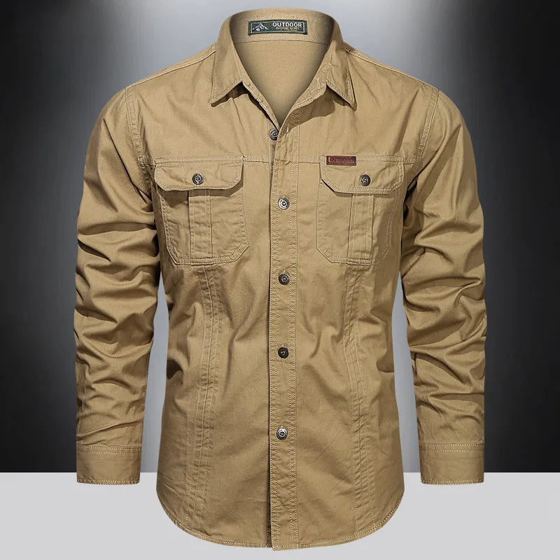 Cargo Shirt Long-Sleeve Cotton Full-Button Shirt With Breast Pockets