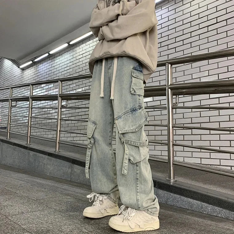 Baggy Oversized Cargo Loose Jeans Strappy American Streetwear Wide-Leg Style
