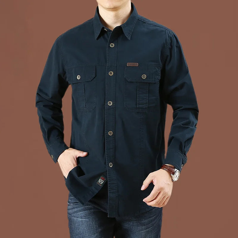 Cargo Shirt Long-Sleeve Cotton Full-Button Shirt With Breast Pockets