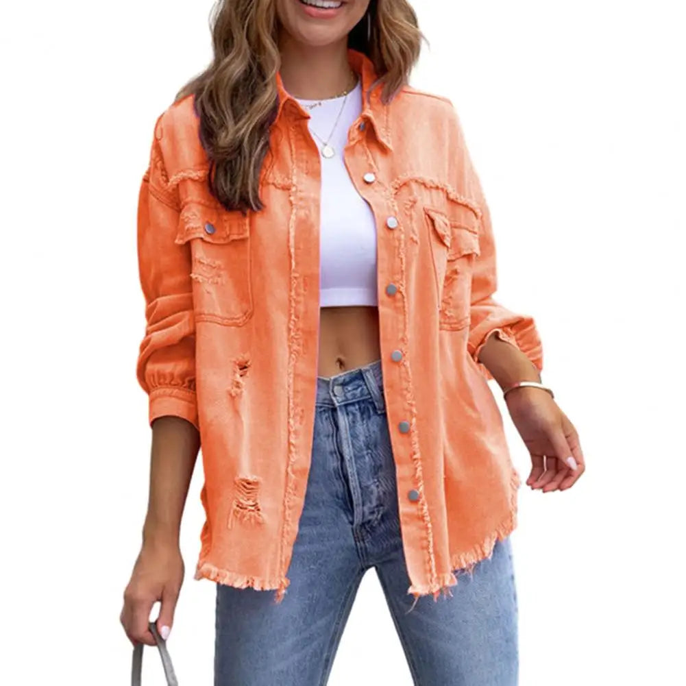 Denim Jeans Jacket Frayed Hem Ripped Distressed Look Mid-Length Vintage Style