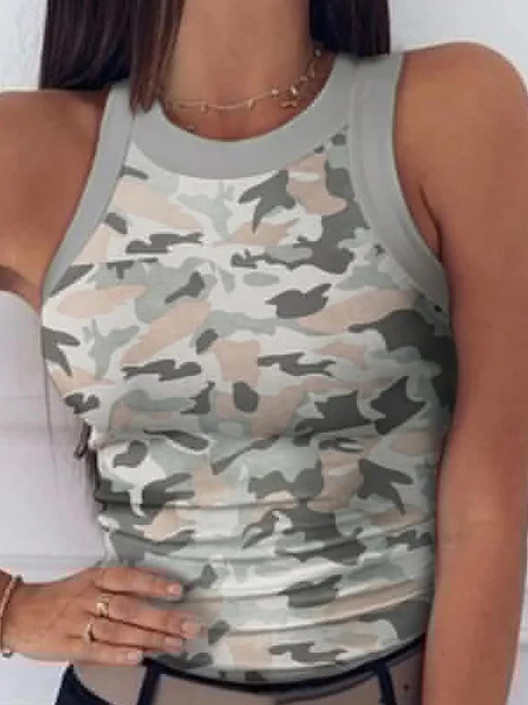 Women's Camo Ribbed Tank Top Stretchy Top
