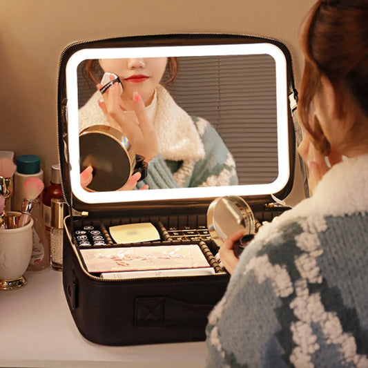 Travel Makeup Bag Portable Two-Level Cosmetics Beauty Case with LED Face Mirror & Adjustable Dividers