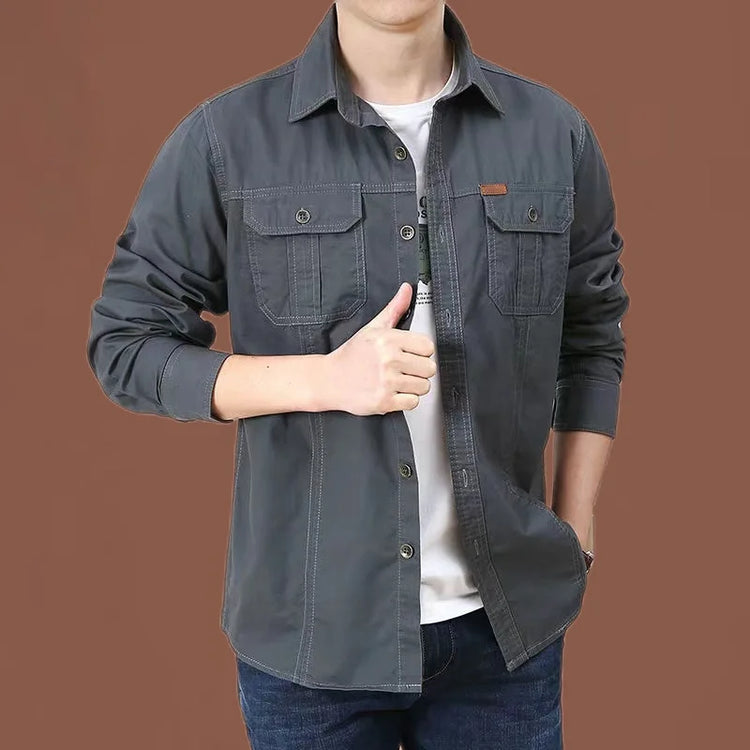 Cargo Shirt Long-Sleeve Cotton Full-Button Shirt With Breast Pockets