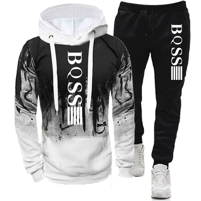 2pcs Set Tracksuit Hoodie Sweatshirt & Pants Splash Ink Print Sports Combo