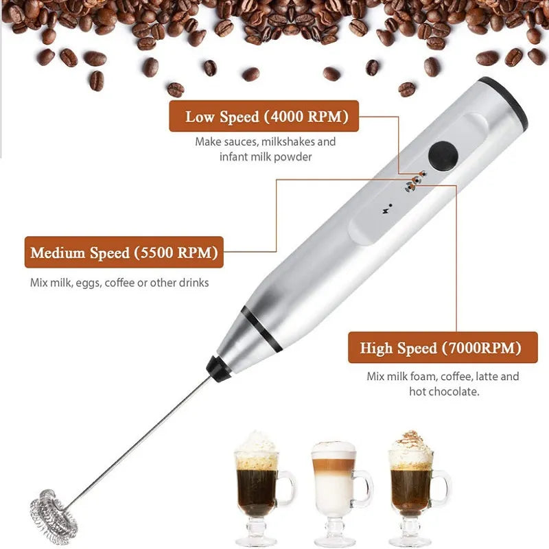 Milk Frother Tool Electric USB 3-Speed Food Blender Foam Maker Whisk Cream Mixer