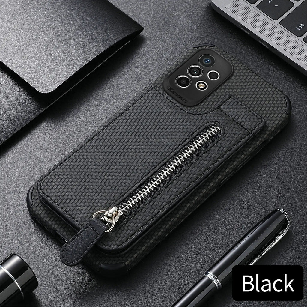Samsung Galaxy Leather Carbon Fiber Case With Kick Stand & Zip Pocket