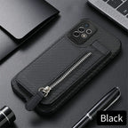 Samsung Galaxy Leather Carbon Fiber Case With Kick Stand & Zip Pocket