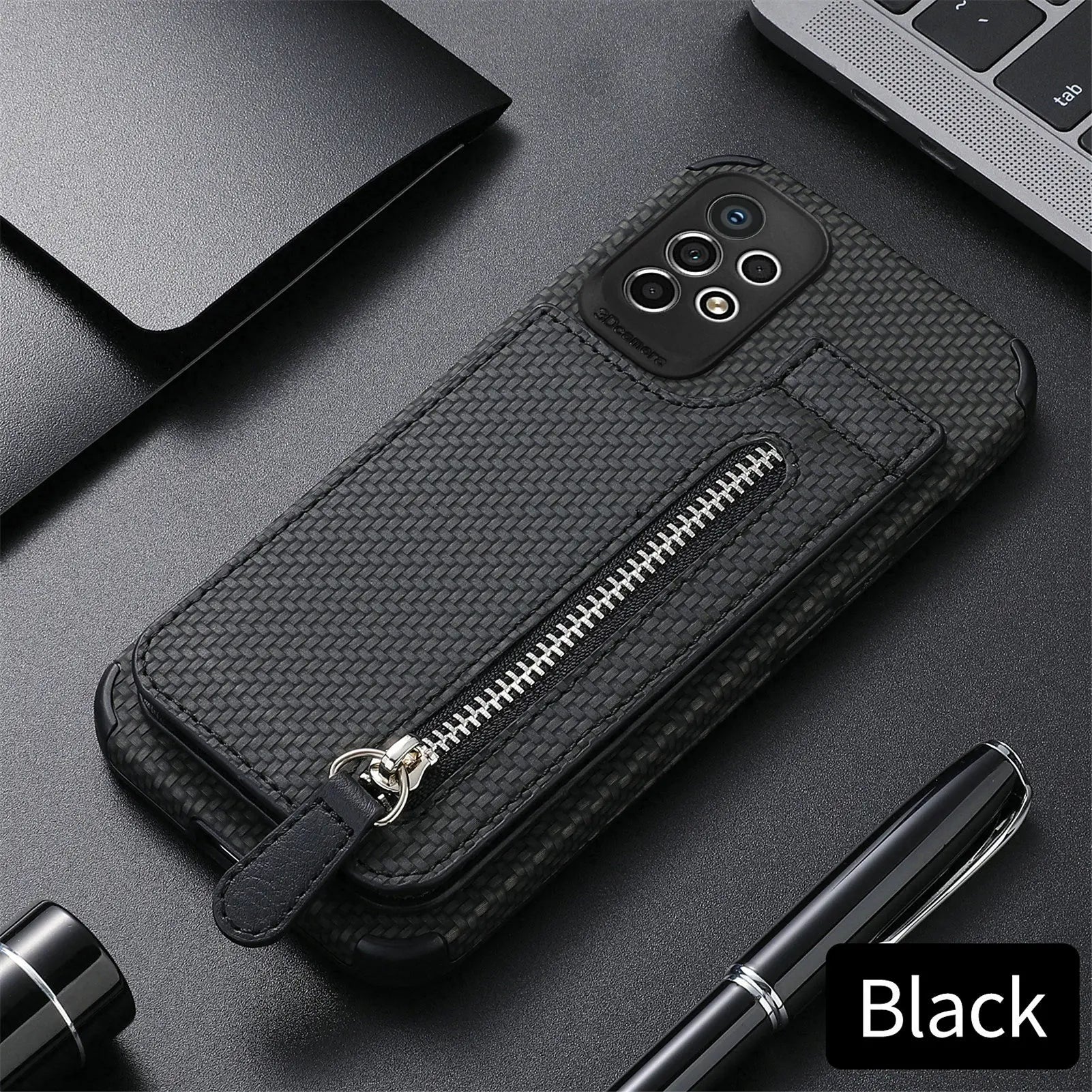Samsung Galaxy Leather Carbon Fiber Case With Kick Stand & Zip Pocket