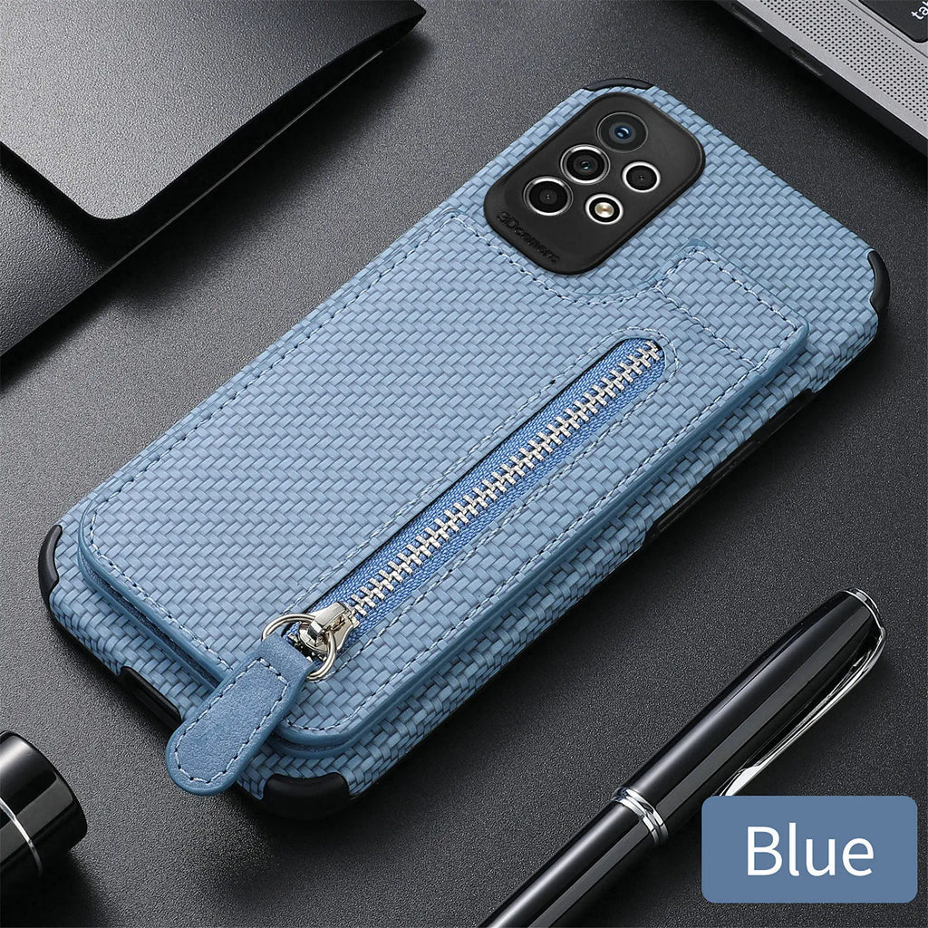 Samsung Galaxy Leather Carbon Fiber Case With Kick Stand & Zip Pocket
