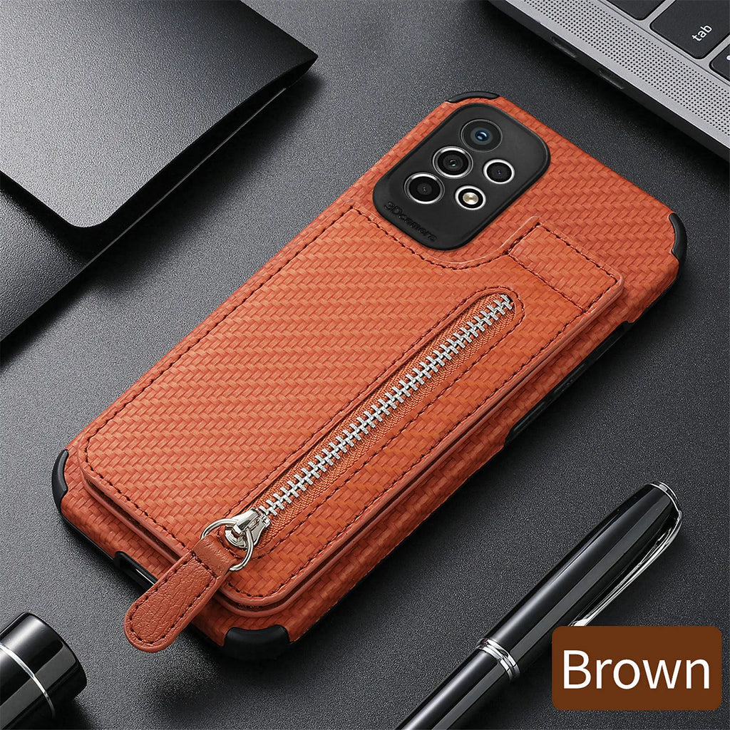 Samsung Galaxy Leather Carbon Fiber Case With Kick Stand & Zip Pocket
