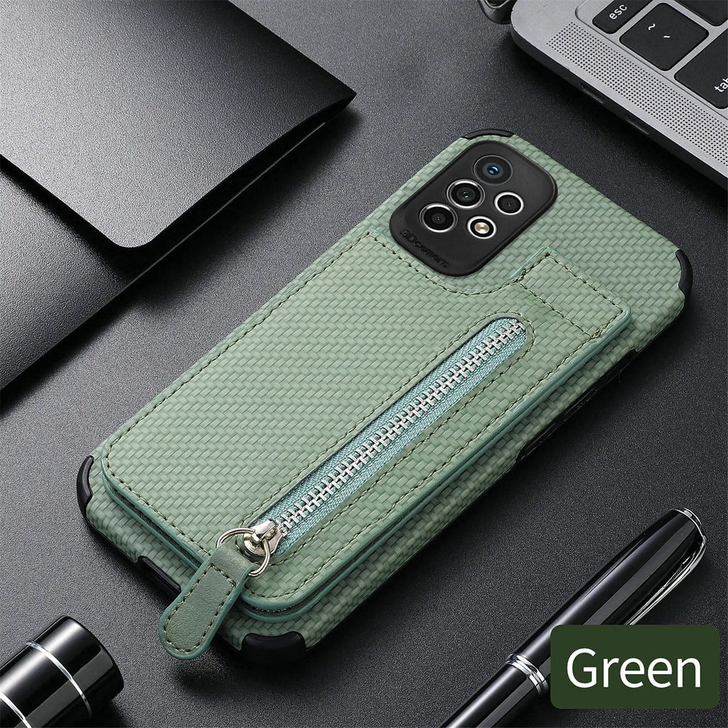 Samsung Galaxy Leather Carbon Fiber Case With Kick Stand & Zip Pocket