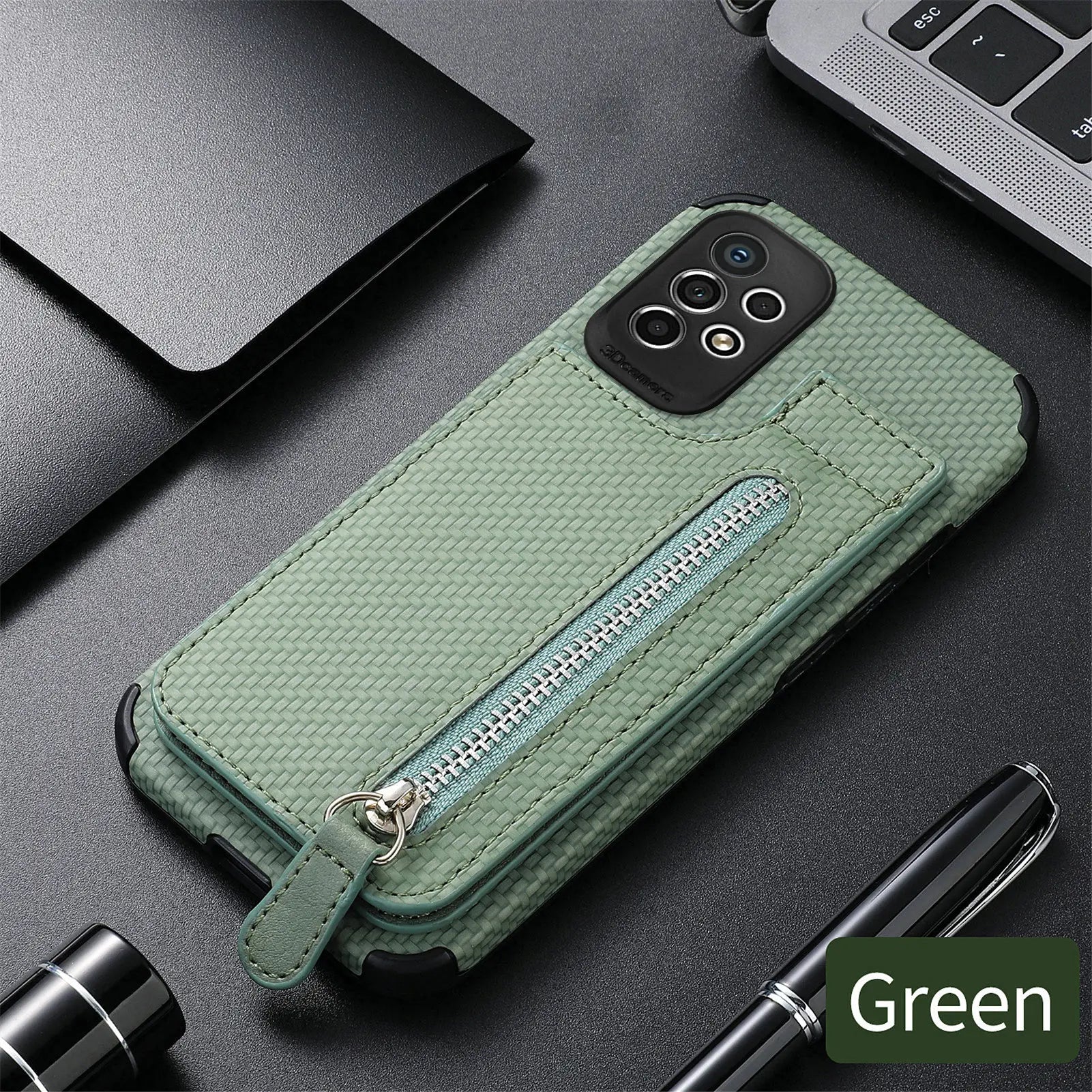 Samsung Galaxy Leather Carbon Fiber Case With Kick Stand & Zip Pocket