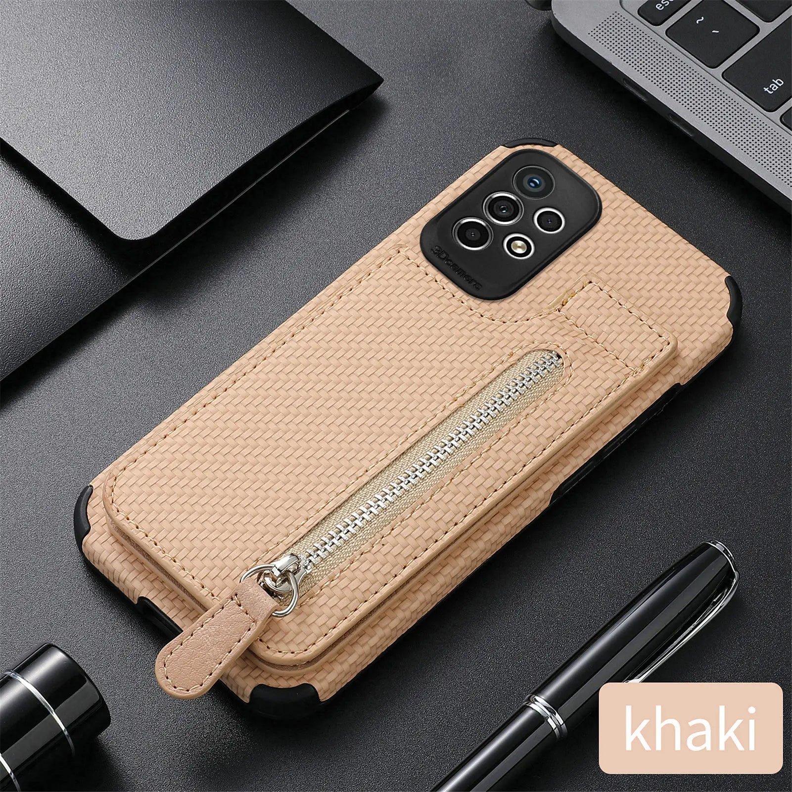 Samsung Galaxy Leather Carbon Fiber Case With Kick Stand & Zip Pocket