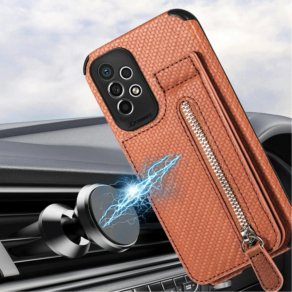 Samsung Galaxy Leather Carbon Fiber Case With Kick Stand & Zip Pocket