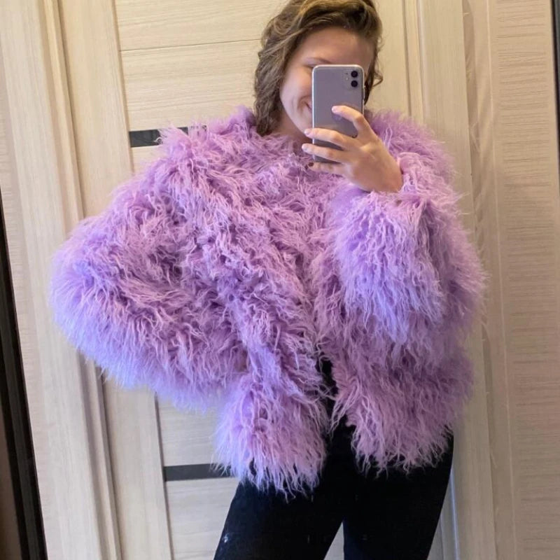 Fluffy Fur Jacket Colourful Shaggy Faux Feathers Short Women's Coat