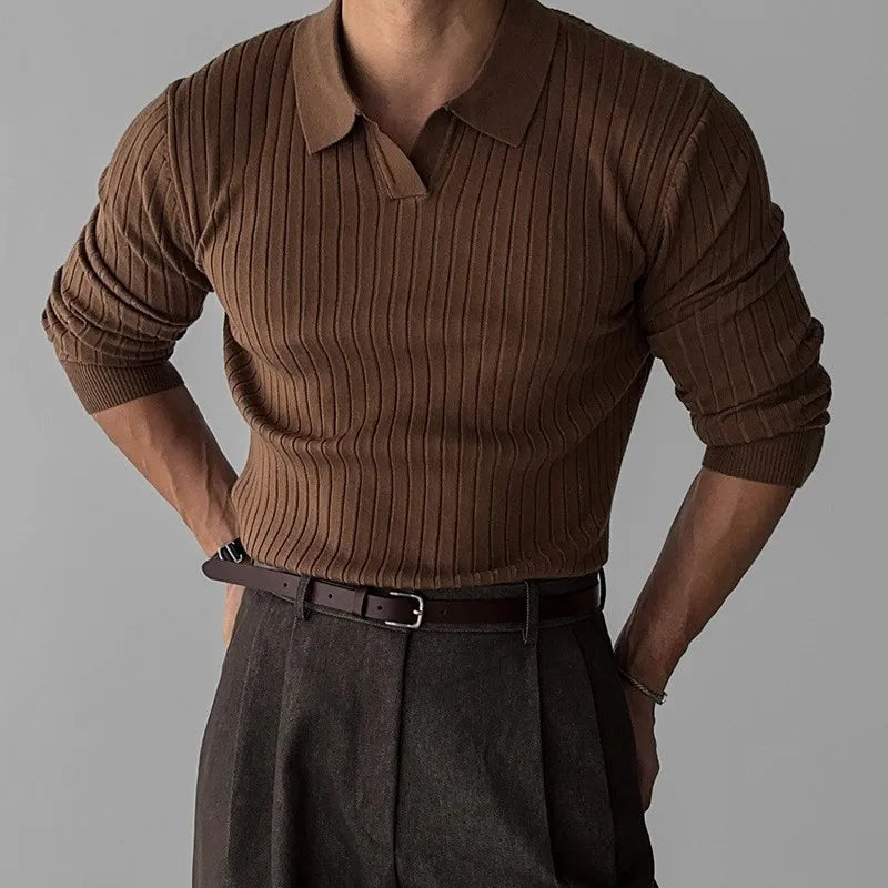 Men's Fashion Luxury V-neck Knitted Jacquard Polo Shirt Long-Sleeved