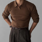 Men's Fashion Luxury V-neck Knitted Jacquard Polo Shirt Long-Sleeved