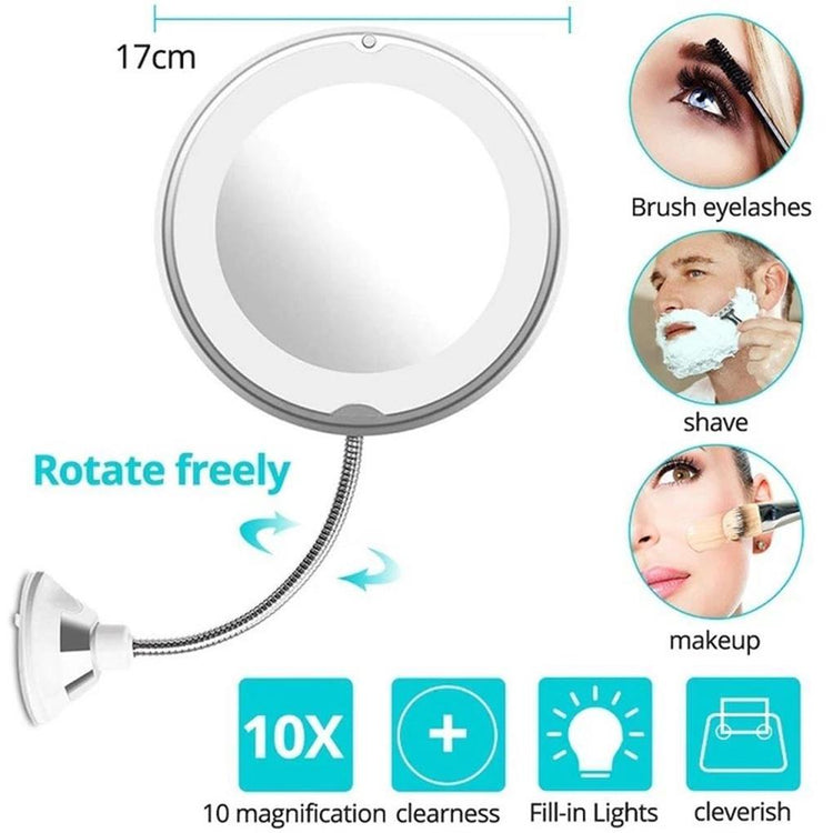 Face Mirror Suction Cup Bathroom Makeup & Shaving Flexible 10X Gooseneck Vanity LED Light