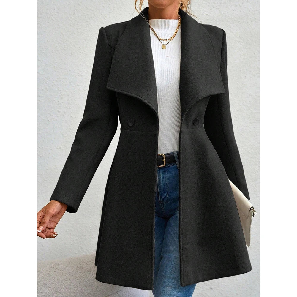 Double Breasted Coat French Lapels Button Up Mid Length Overcoat Cinched Waist-Keep Melbourne Marvellous Official Store