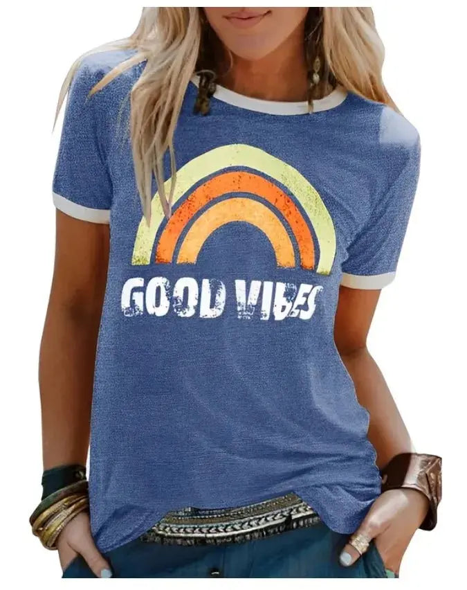 "Good Vibes" Groovy T-shirt Trendy Rainbow Tee Summer Positivity Women's Motivational Top