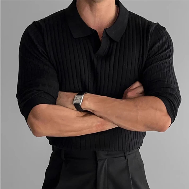 Men's Fashion Luxury V-neck Knitted Jacquard Polo Shirt Long-Sleeved