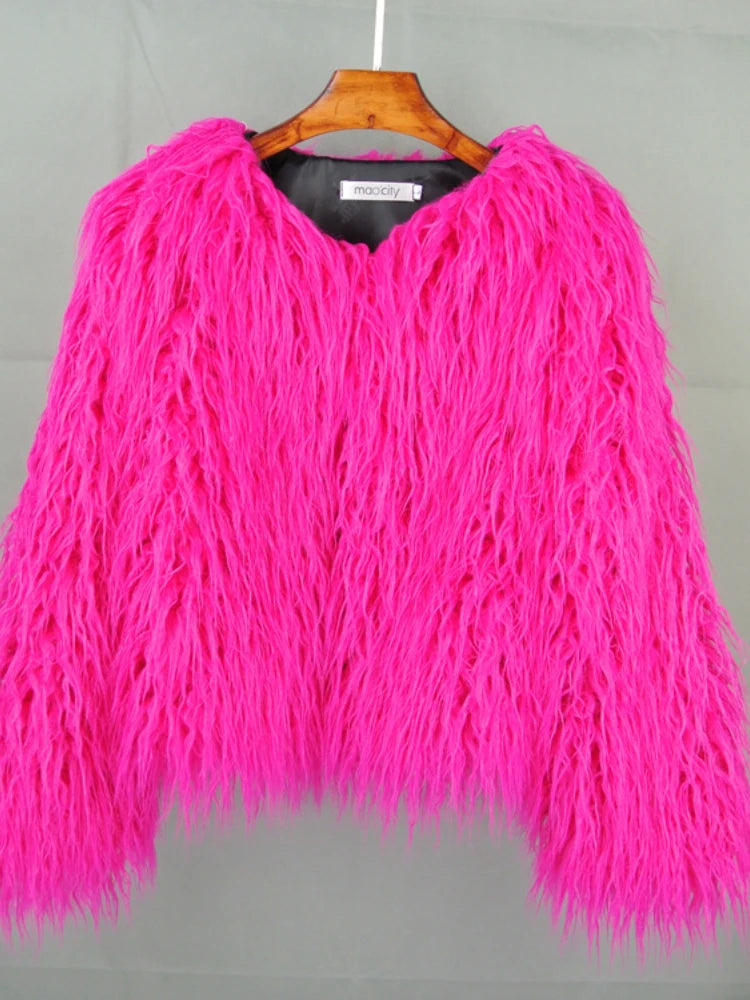 Fluffy Fur Jacket Colourful Shaggy Faux Feathers Short Women's Coat