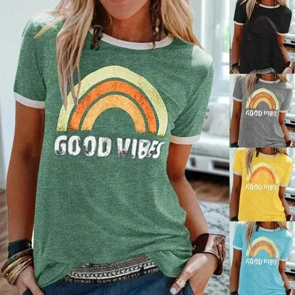 "Good Vibes" Groovy T-shirt Trendy Rainbow Tee Summer Positivity Women's Motivational Top