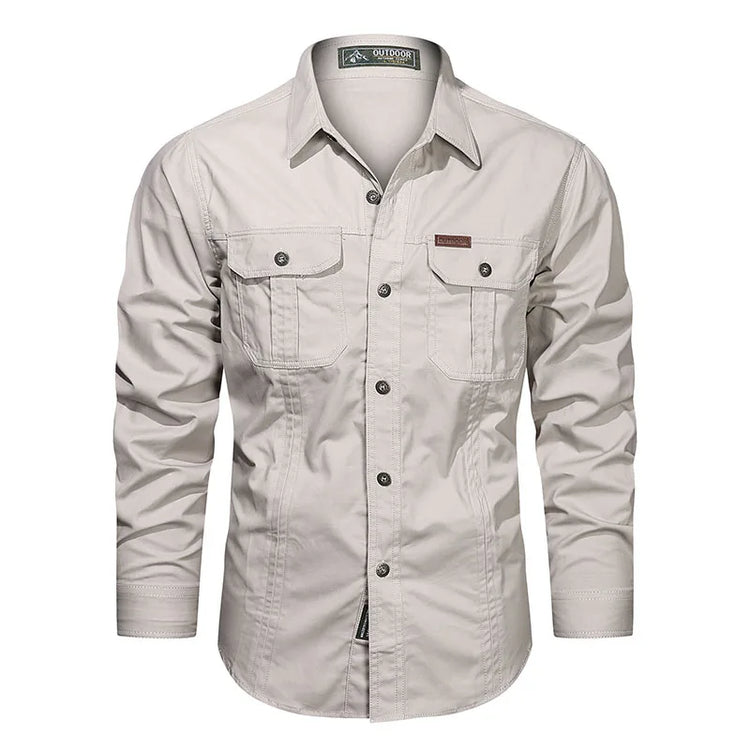 Cargo Shirt Long-Sleeve Cotton Full-Button Shirt With Breast Pockets