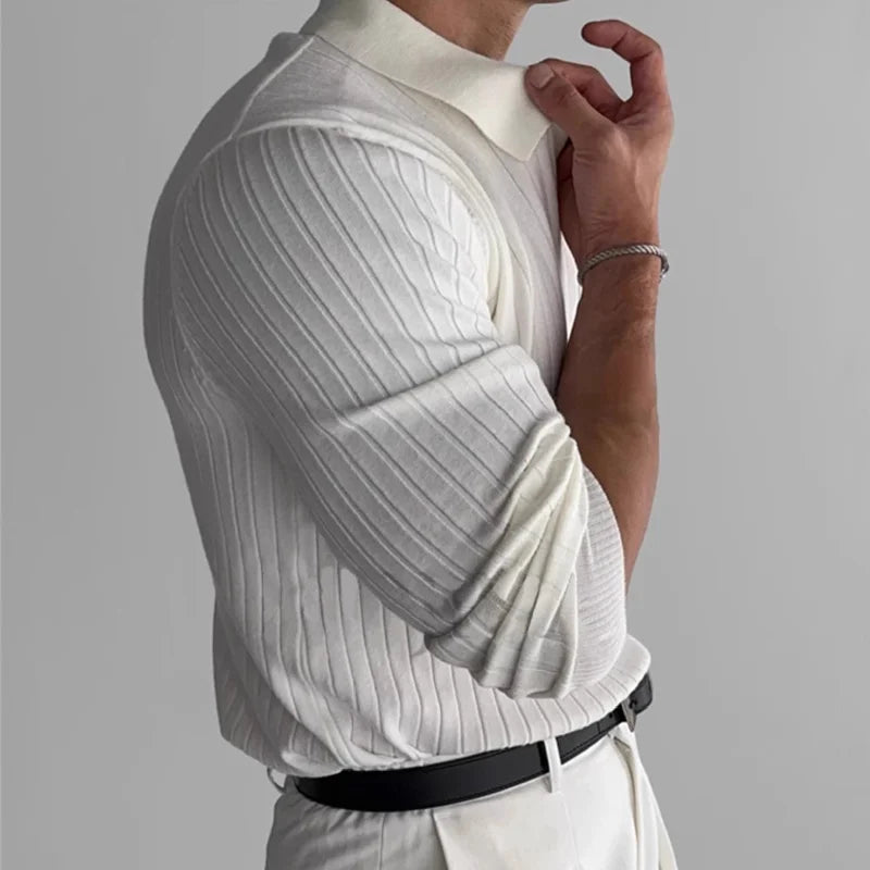 Men's Fashion Luxury V-neck Knitted Jacquard Polo Shirt Long-Sleeved
