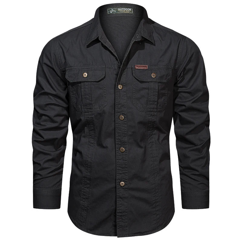 Cargo Shirt Long-Sleeve Cotton Full-Button Shirt With Breast Pockets