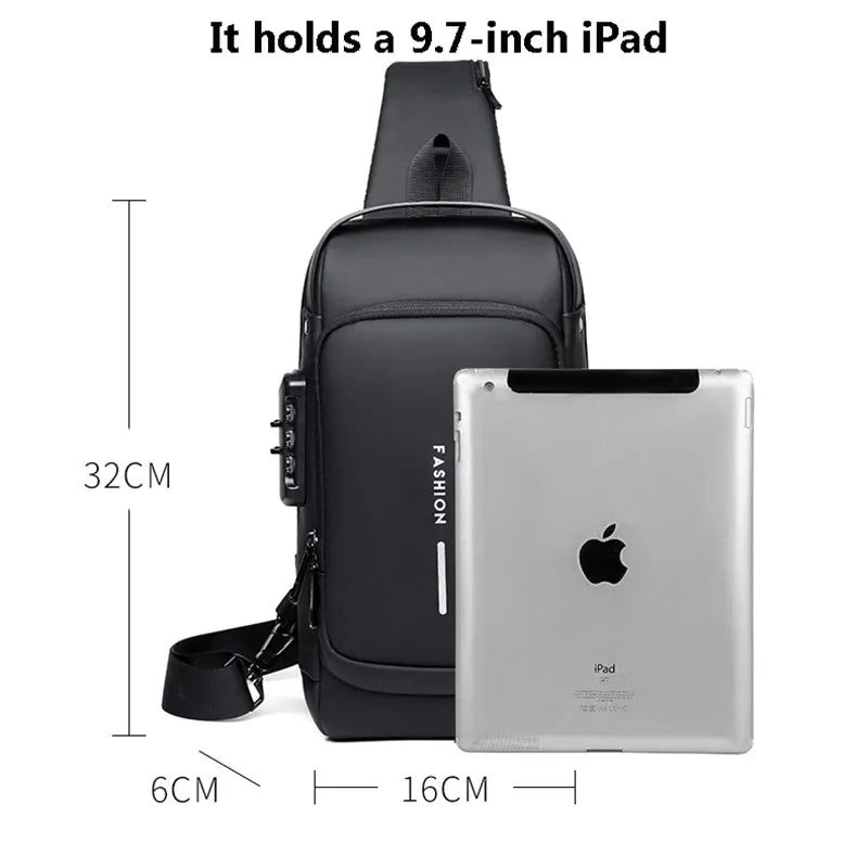 Travel Sling Bag Cross Body Backpack With Security Anti Theft Padlock & USB Charging Port