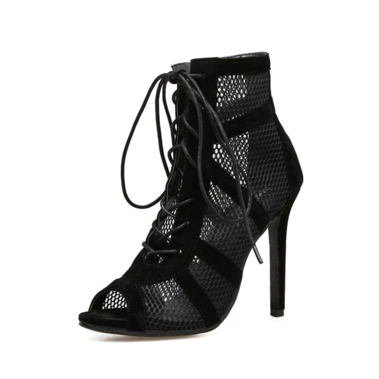 Mesh High Heels Lace Up Pumps Black Net Fabric Cross Strap Shoes